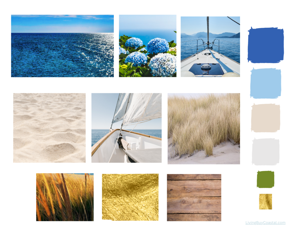 Hamptons style color guide inspiration; blue sea, blue hydrangeas, a boat; sand, boat, dry beach grass, gold and wood timber with brush strokes of blues, beige, taupe, green and gold