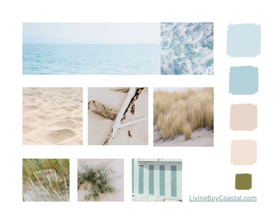 Coastal color palette. Ocean, sand, driftwood, beach grass, beach hut