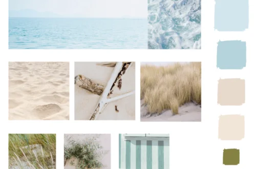Coastal color palette. Ocean, sand, driftwood, beach grass, beach hut