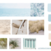 Coastal color palette. Ocean, sand, driftwood, beach grass, beach hut
