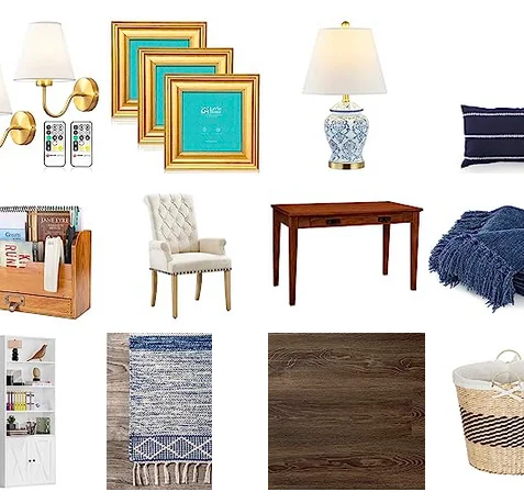 Hamptons Style Home Office decor. A pair of brass wall lights, gold wall frames, a china table lamp, a navy throw pillow, a wooden desk organizer, an upholstered cream chair, a wood office desk, a blue throw blanket, a white coastal cabinet, a blue rug, dark wood vinyl floor, a basket