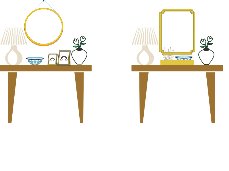 Illustration of the layout for entry table decor; a table lamp and a bowl for keys on one side, a vase and a pair of picture frames on the other; Another layout with a lamp on one side, a vase with flowers on the other side and a tray with coastal decor and a bowl for keys in the middle