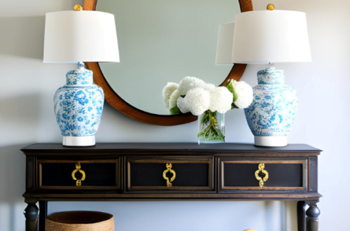 Hamptons Style Entryway dark wood table with china table lamps, a vase with white flowers and 2 storage baskets