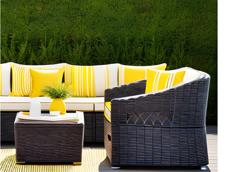 Coastal Yellow Patio seating area, with rattan furniture, white cushions and yellow striped pillows.