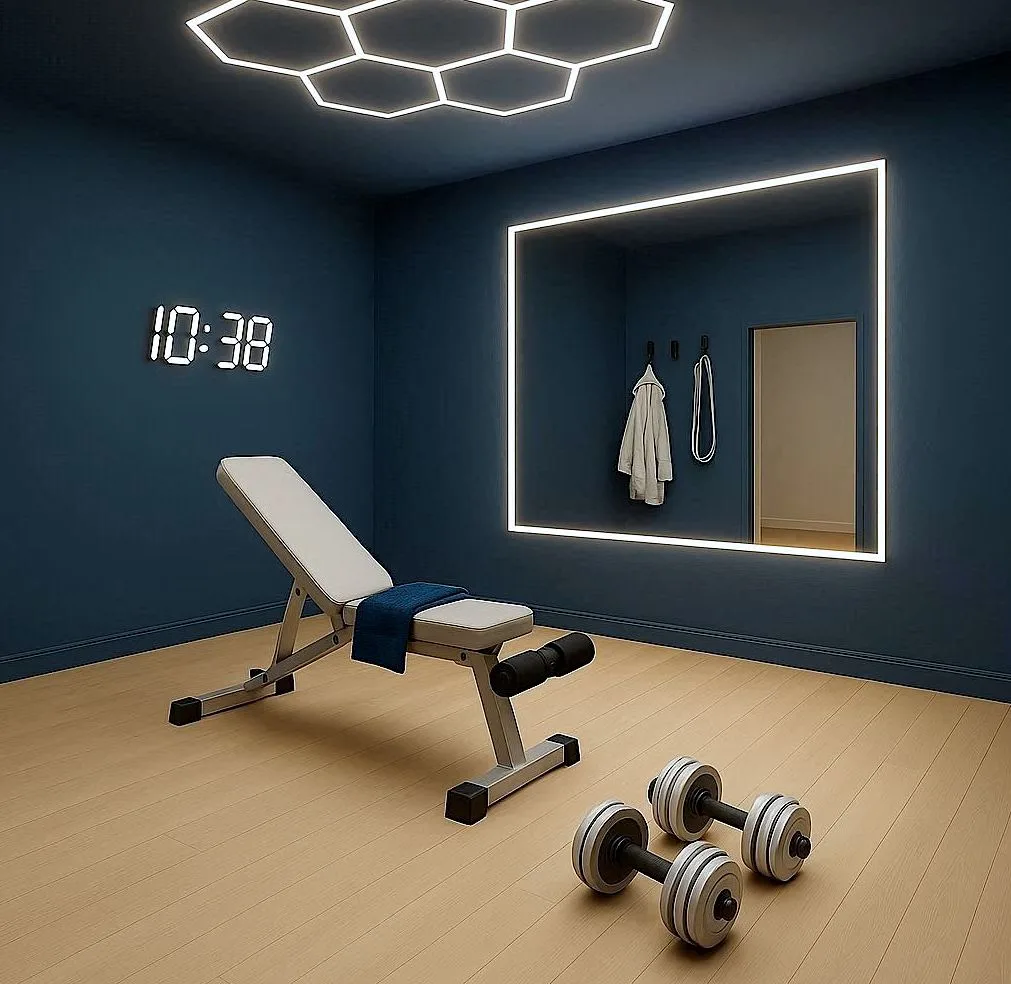 a deep blue home gym with white gym equipment, led lights.