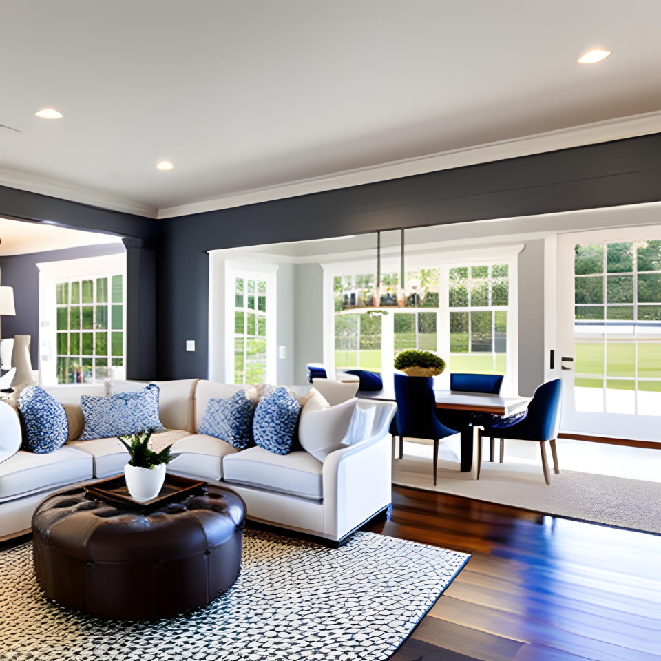 Hamptons style living room, navy blue walls, coastal wall treatment ideas
