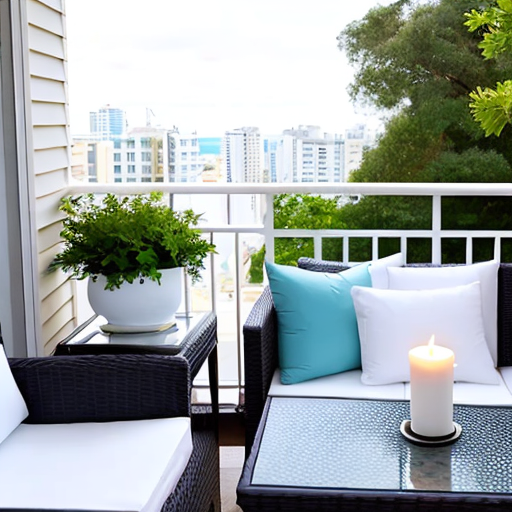 Coastal Balcony, rattan outdoor furniture set, white and blue throw pillows, candle