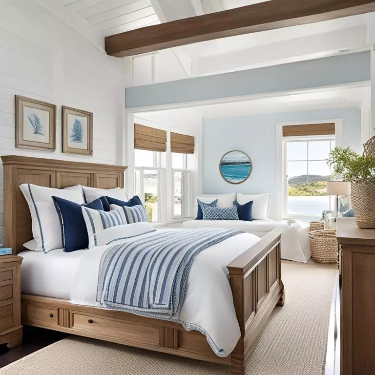 Coastal Bedroom with wood furniture
