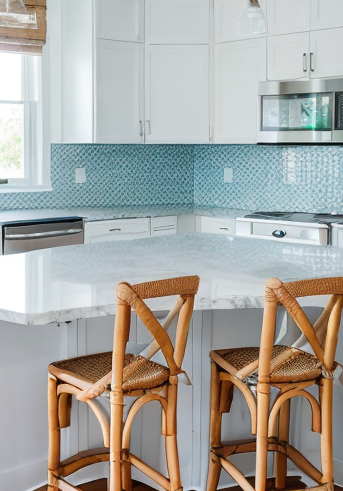 Coastal Kitchen with white island and cabinets, blue tile backsplash and bamboo island chairs.