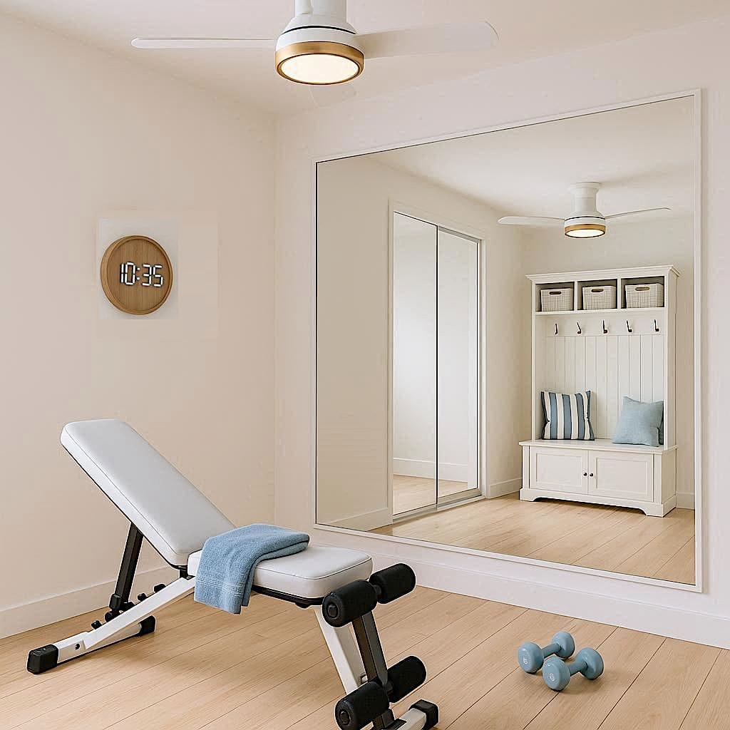 Coastal Home Gym with wood floor mat, white hall tree, white workout bench
