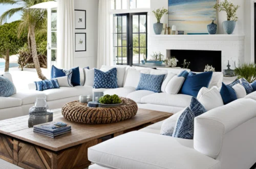 Coastal Living Room with white sofas and blue throw pillows, a fireplace and a wood coffee table