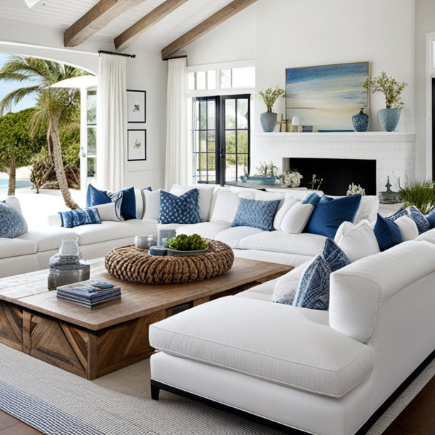 modern Coastal Living Room, large sofas and blue throw pillows