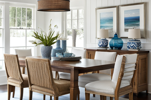 Coastal dining room with shiplap walls and wood and rattan dining furniture