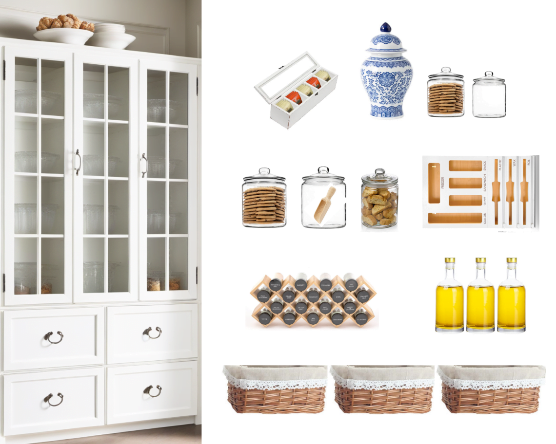 Coastal Pantry organizers, baskets, glass jars, glass bottles, spice rack, storage bag organizer, pantry cabinet