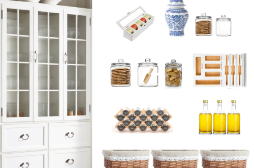 Coastal Pantry organizers, baskets, glass jars, glass bottles, spice rack, storage bag organizer, pantry cabinet
