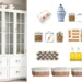 Coastal Pantry organizers, baskets, glass jars, glass bottles, spice rack, storage bag organizer, pantry cabinet