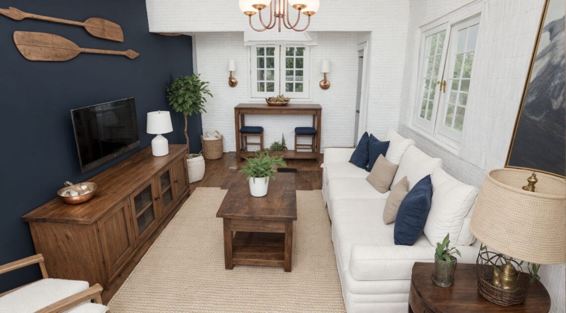Nautical Living Room, white sofa, wood furniture, brick wall, navy blue